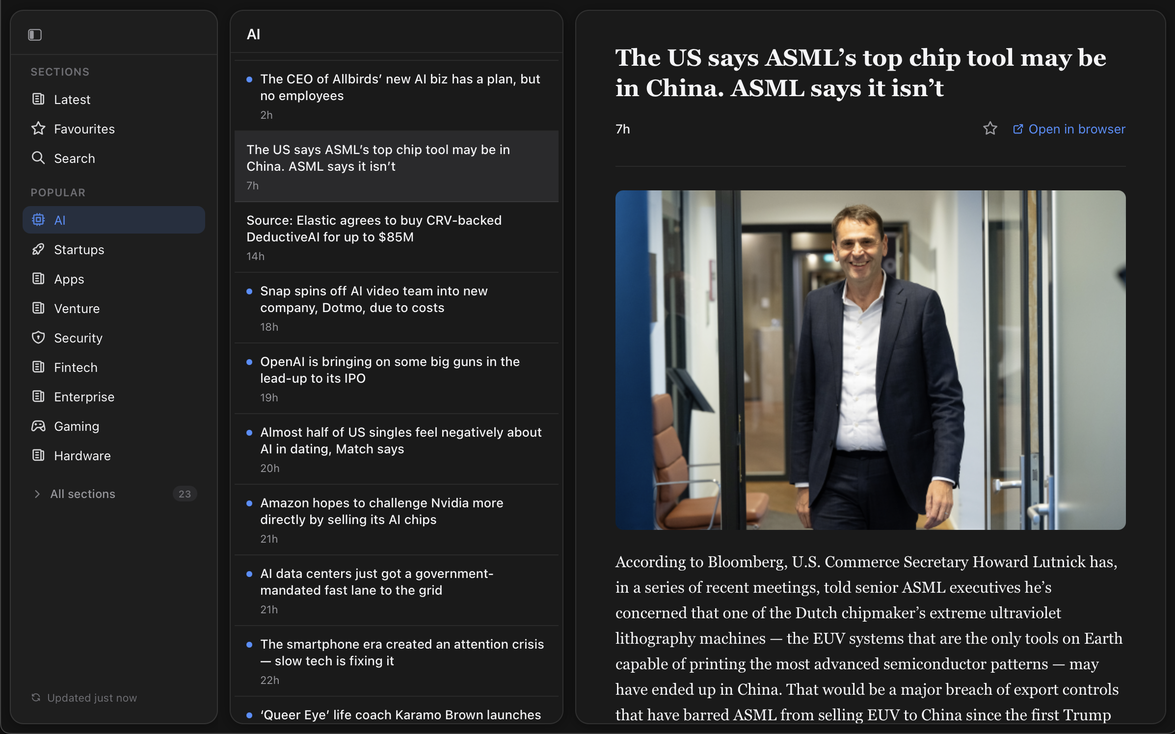 Krop app showing a TechCrunch article in reader view